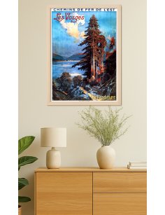 Affiche rétro "Gérardmer" de Louis Tauzin encadrée dans un intérieur, évoquant la nature vosgienne
