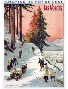 Affiche rétro "Les Vosges, Chemins de Fer de l'Est" par Louis Tauzin, montrant des scènes de sports d'hiver