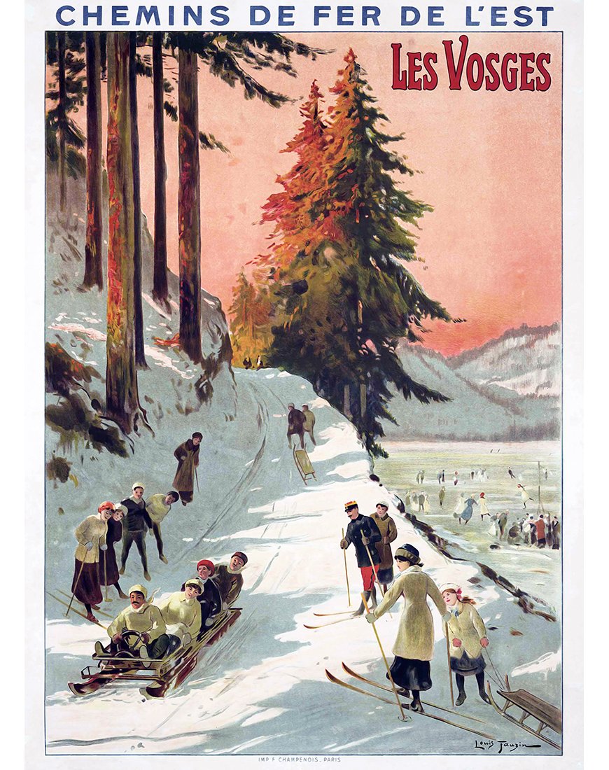 Affiche rétro "Les Vosges, Chemins de Fer de l'Est" par Louis Tauzin, montrant des scènes de sports d'hiver