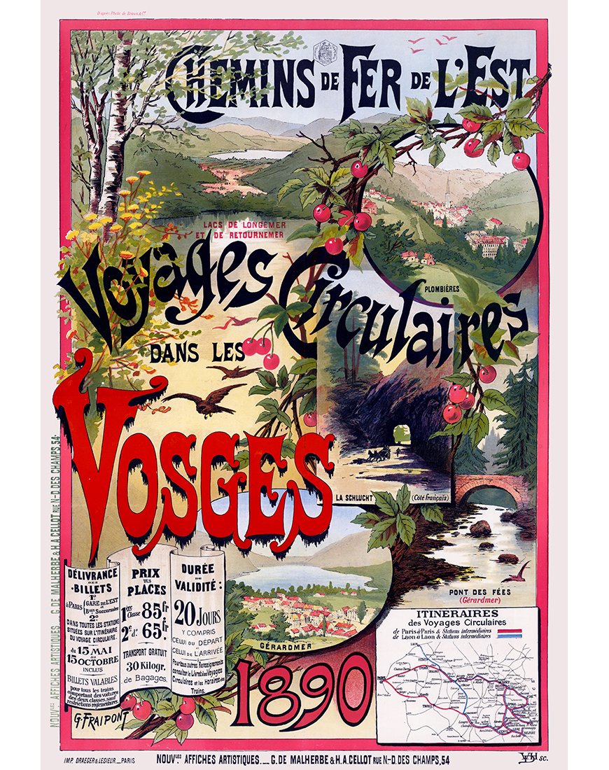 Affiche vintage "Voyages Circulaires dans les Vosges" par Gustave Fraipont (1890)