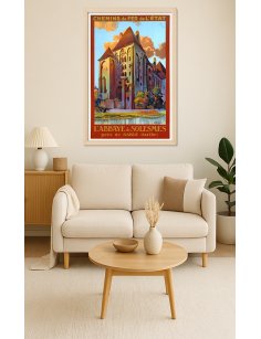 Affiche rétro "Abbaye de Solesmes" de Henry de Renaucourt encadrée dans un intérieur décoratif
