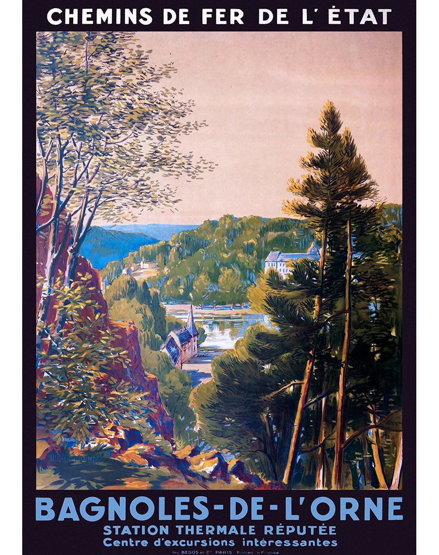 Affiche rétro "Bagnoles-de-l'Orne, Chemins de Fer de l'État" par Maurice Perronnet