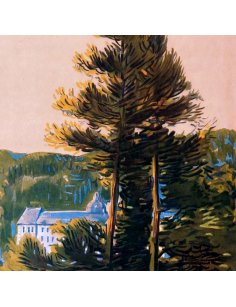 Détail de l'arbre au premier plan, encadrant le paysage de Bagnoles-de-l'Orne sur l'affiche rétro par Maurice Perronnet