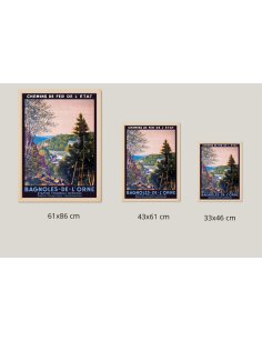 Comparaison des tailles 61x86cm, 43x61cm, 33x46cm pour l'affiche rétro de Bagnoles-de-l'Orne