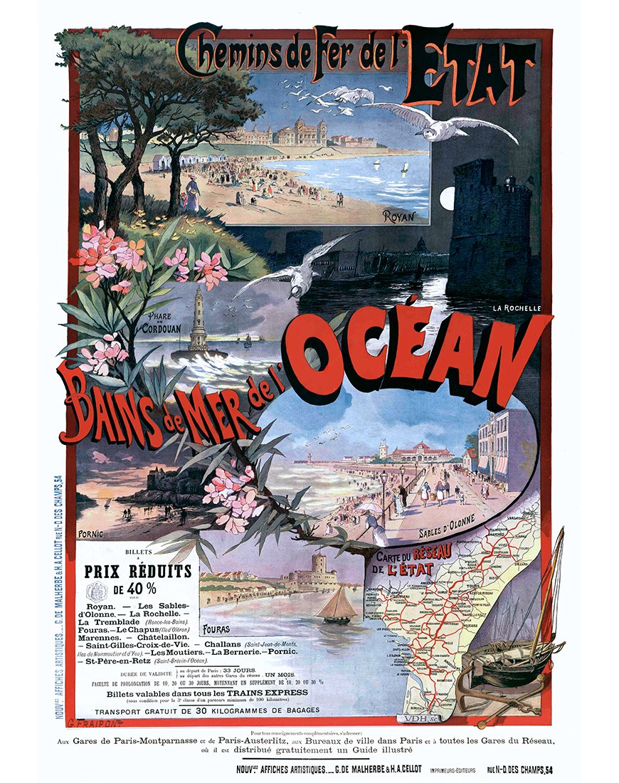Affiche vintage "Bains de Mer de l'Océan" par Gustave Fraipont, pour les Chemins de Fer de l'État