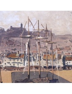 Détail de la ville de Granville en arrière-plan sur l'affiche rétro "Bains de Mer de la Manche"