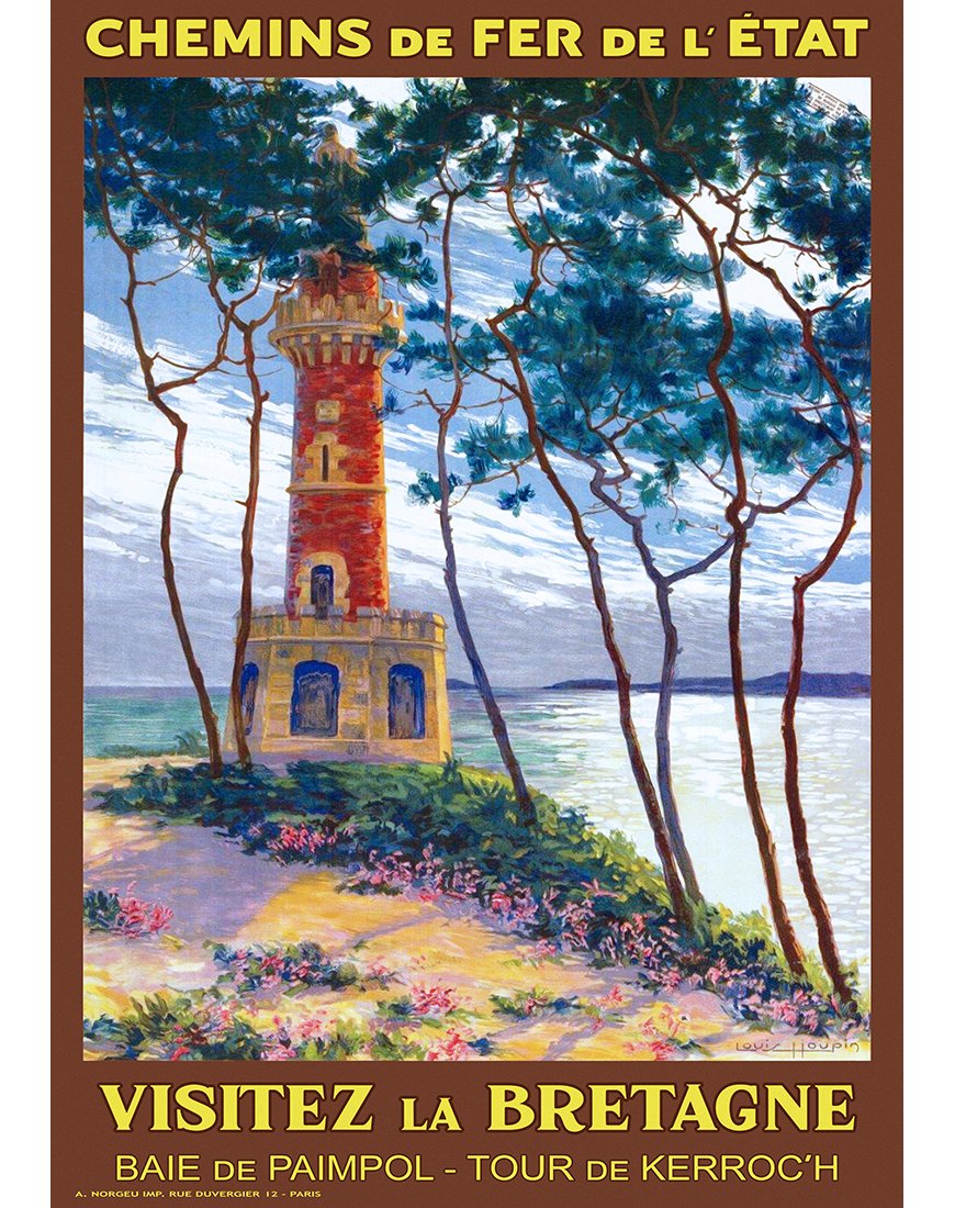 Affiche rétro "Visitez la Bretagne - Baie de Paimpol, Tour de Kerroc'h" par Louis Houpin pour les Chemins de Fer de l'État