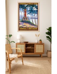 Affiche rétro "Bretagne, Tour de Kerroc'h" de Louis Houpin encadrée dans un intérieur sur le thème marin ou voyage