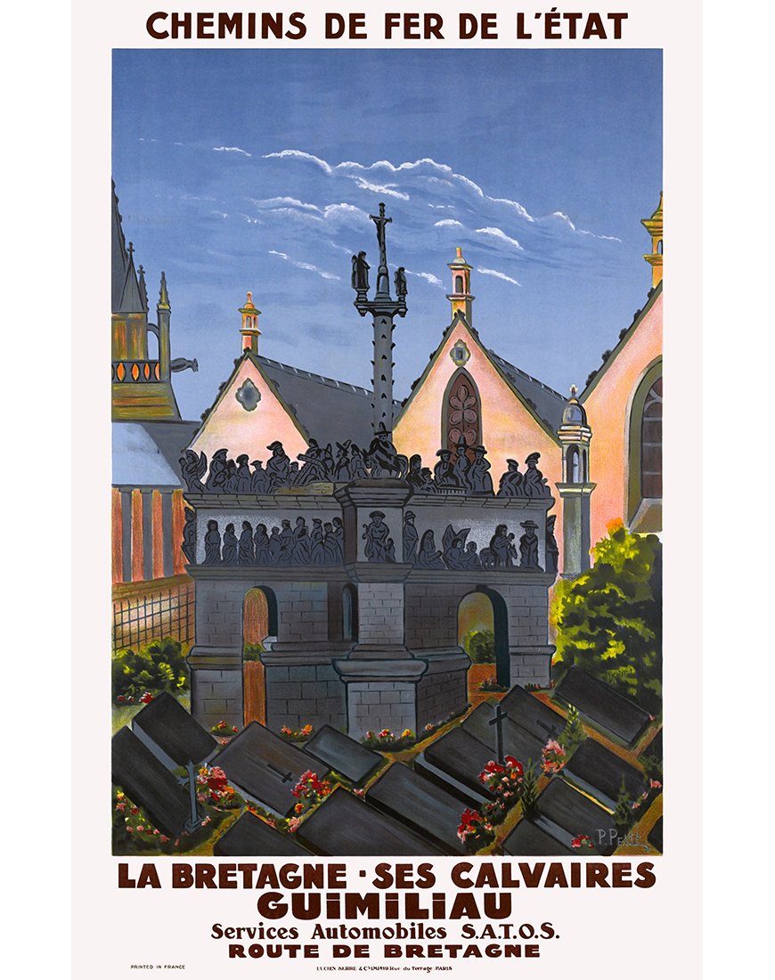 Affiche rétro "La Bretagne, Ses Calvaires, Guimiliau" par Philippe Petit pour les Chemins de Fer de l'État