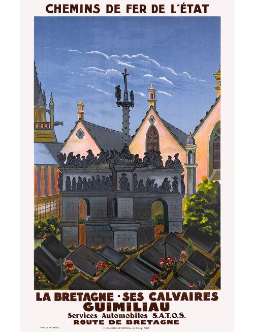 Affiche rétro "La Bretagne, Ses Calvaires, Guimiliau" par Philippe Petit pour les Chemins de Fer de l'État