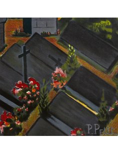 Détail des structures en pierre et des tombes au premier plan du Calvaire de Guimiliau sur l'affiche rétro