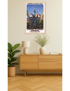 Affiche rétro "Calvaire de Guimiliau" de Philippe Petit encadrée dans un intérieur sur le thème culturel breton