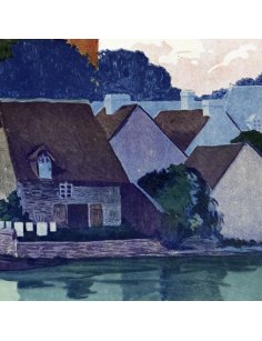 Détail des maisons traditionnelles au pied du Château de Combourg sur l'affiche rétro