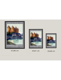 Comparaison des tailles 61x86cm, 43x61cm, 33x46cm pour l'affiche rétro du Château de Combourg