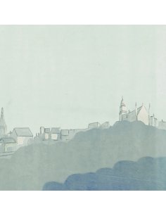 Détail de la ville de Fougères en arrière-plan du château sur l'affiche rétro