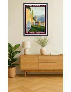 Affiche rétro "Château de Fougères" de Henry de Renaucourt encadrée dans un intérieur historique ou médiéval