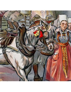 Détail du cheval et de l'attelage avec les Bretons en costume sur l'affiche rétro de Huelgoat