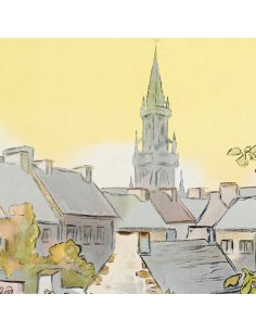 Détail de l'église et du village de Huelgoat en arrière-plan sur l'affiche rétro par Paul Adolphe Kauffmann