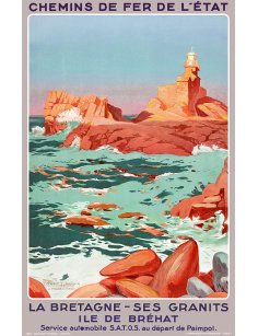 Affiche vintage "La Bretagne - Ses Granits - Île de Bréhat - Le Phare du Paon" par Louis Houpin
