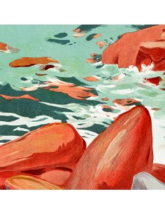 Détail des rochers de granit rose et de la mer sur l'affiche vintage de l'Île de Bréhat