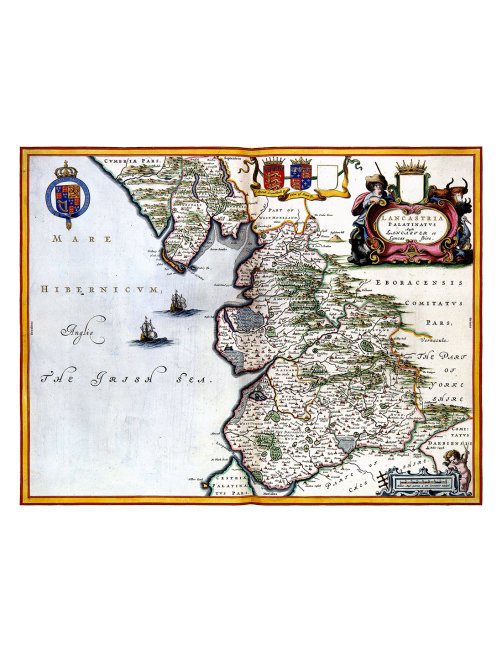Carte ancienne du Lancashire par Joan Blaeu (1645) – vue complète détaillée Carte ancienne du Lancashire par Joan Blaeu (1645) – vue complète détaillée