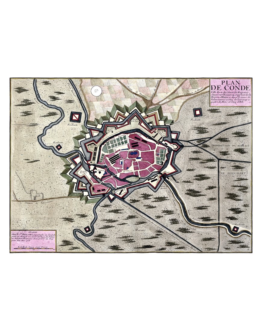 Plan ancien de Condé-sur-l’Escaut vers 1700 – Vue complète de la ville fortifiée