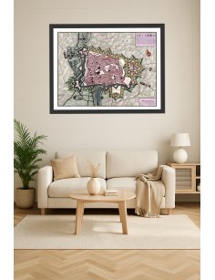 Mise en situation murale du plan ancien de Cambrai vers 1700 dans un intérieur moderne