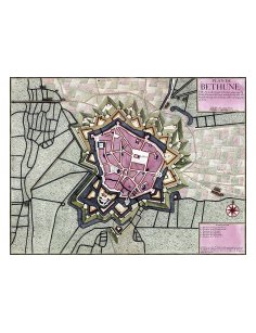 Plan ancien de Béthune vers 1700, carte historique colorée de la ville fortifiée