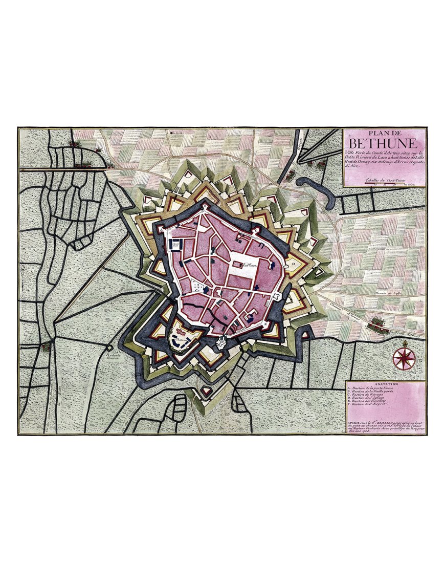 Plan ancien de Béthune vers 1700, carte historique colorée de la ville fortifiée