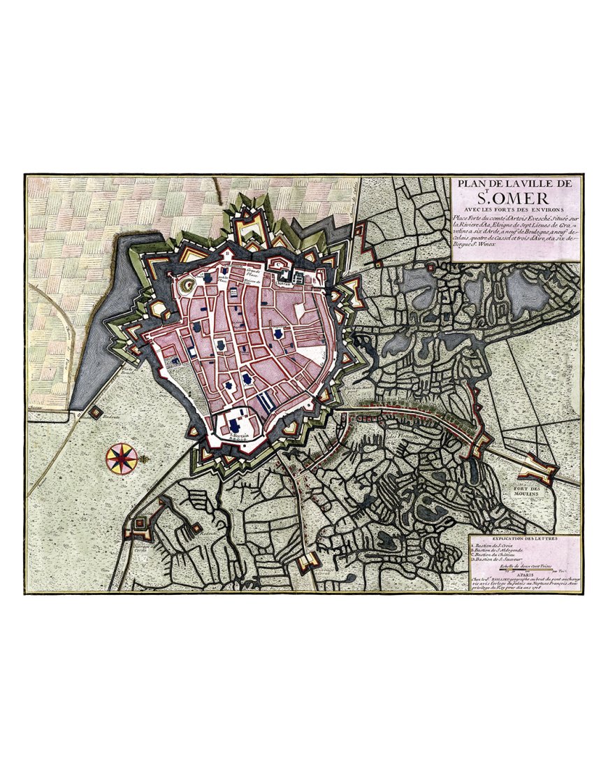 Plan ancien de Saint-Omer vers 1700 avec fortifications et marais