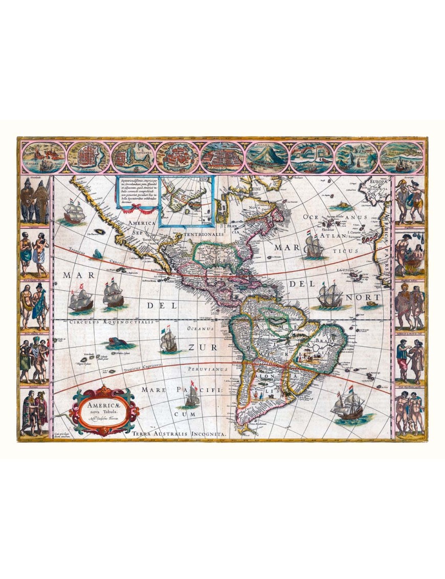 Magnifique carte ancienne de l'Amérique en 1635 réalisée par Willem Blaeu, géographe néerlandais du XVIe et XVIIe siècle