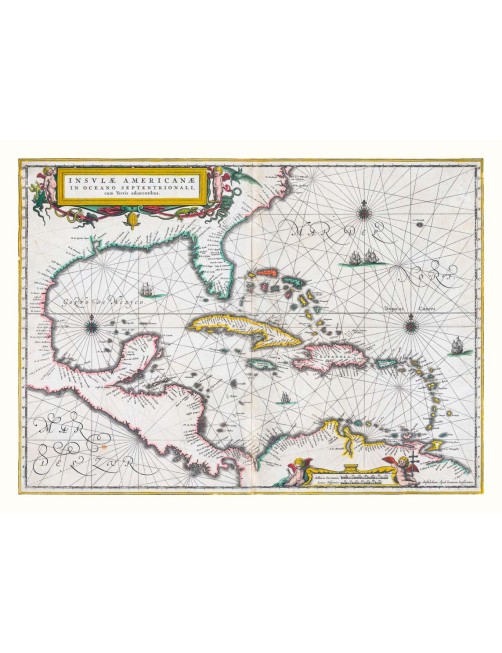 Magnifique carte ancienne des îles Caraïbes a été réalisée par Johannes Janssonius. Géographe néerlandais du XVIIe siècle