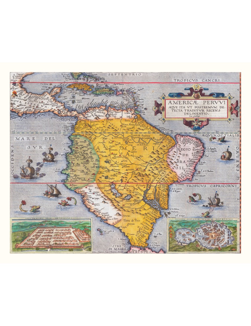 Magnifique carte ancienne de l'Amérique du Sud a été réalisée par Joannes van Doetecum en 1578