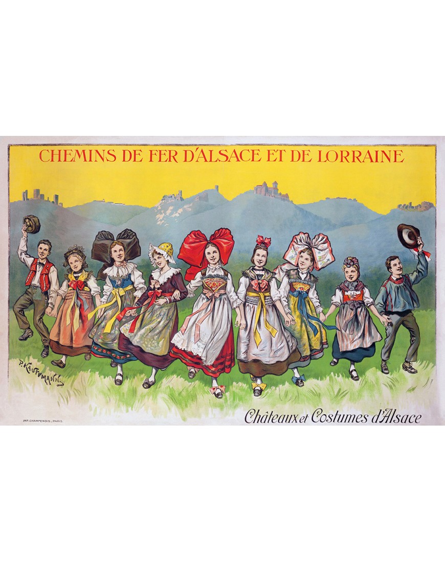Affiche ancienne Chemins de fer d’Alsace et de Lorraine – Châteaux et Costumes d’Alsace