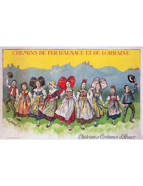 Affiche ancienne Chemins de fer d’Alsace et de Lorraine – Châteaux et Costumes d’Alsace