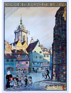 Affiche ancienne des chemins de fer d’Alsace et de Lorraine – Vue complète de Colmar, dessin de Hansi