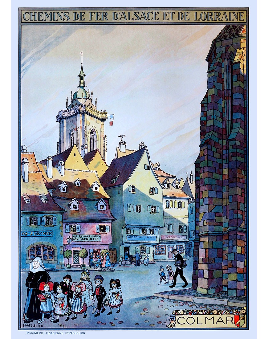 Affiche ancienne des chemins de fer d’Alsace et de Lorraine – Vue complète de Colmar, dessin de Hansi
