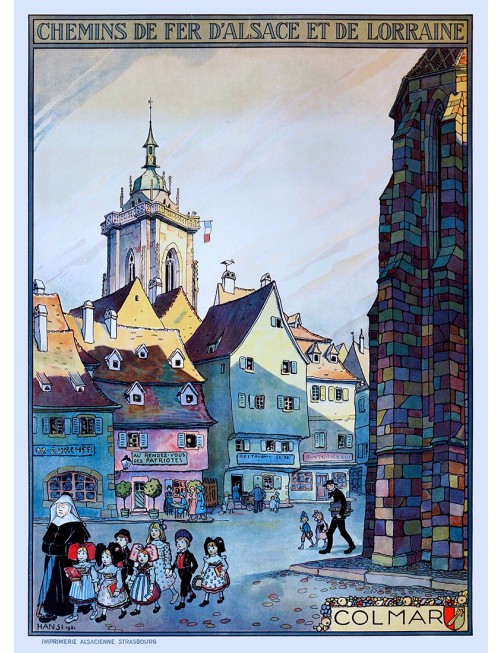 Affiche ancienne des chemins de fer d’Alsace et de Lorraine – Vue complète de Colmar, dessin de Hansi