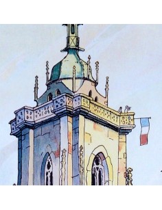Détail de l’affiche Colmar – Clocher de l’église sur fond bleu pastel