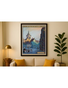 Affiche vintage « Colmar » encadrée dans un intérieur chaleureux, style rétro et coloré
