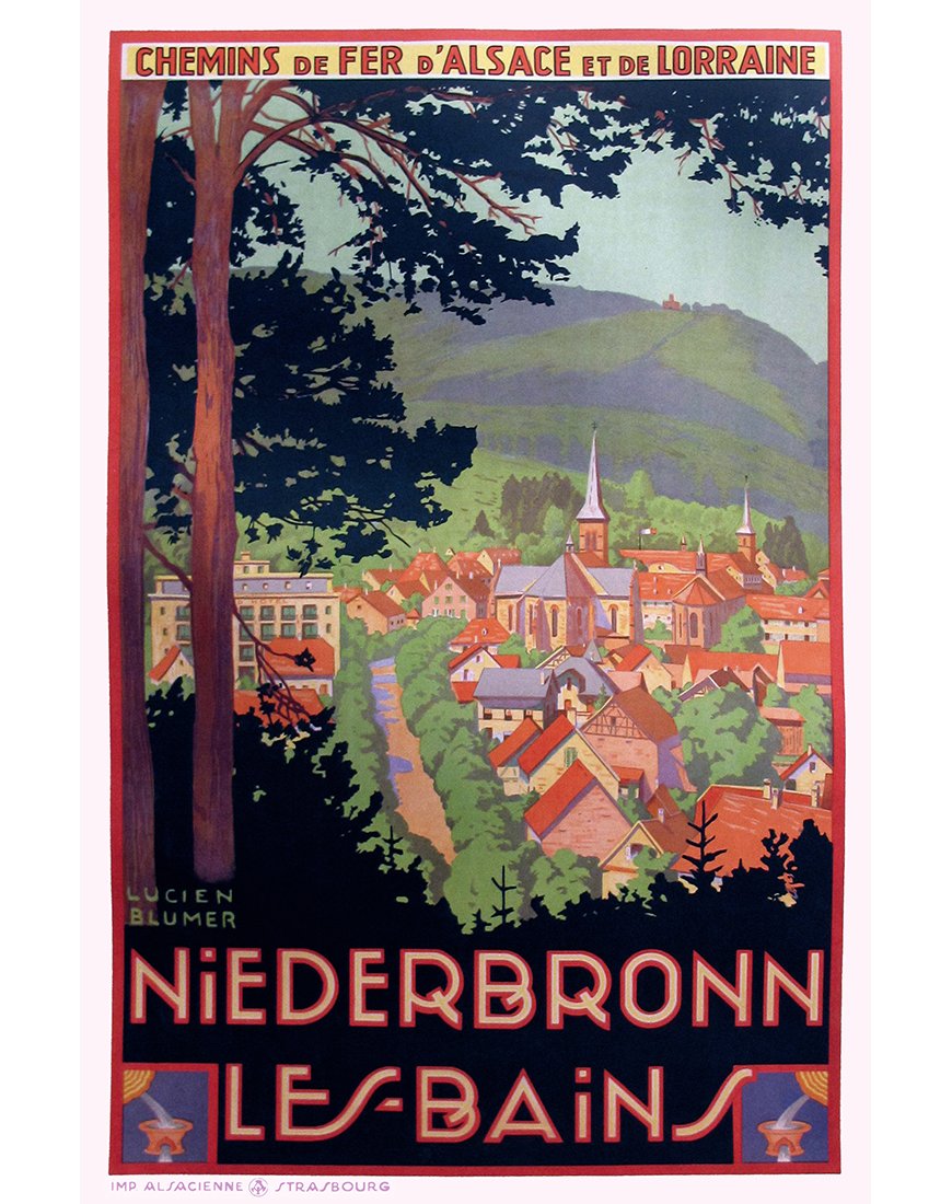 Affiche vintage – Niederbronn-les-Bains, vue sur la ville thermale