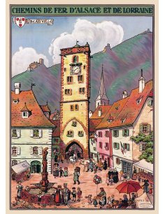 Affiche vintage – Ribeauvillé, la tour de l’horloge et place animée
