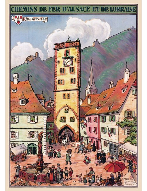 Affiche vintage – Ribeauvillé, la tour de l’horloge et place animée Affiche vintage – Ribeauvillé, la tour de l’horloge et place animée