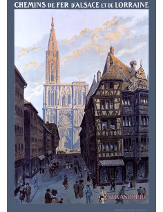 Affiche vintage Chemins de fer d’Alsace et de Lorraine Strasbourg rue animée avec cathédrale