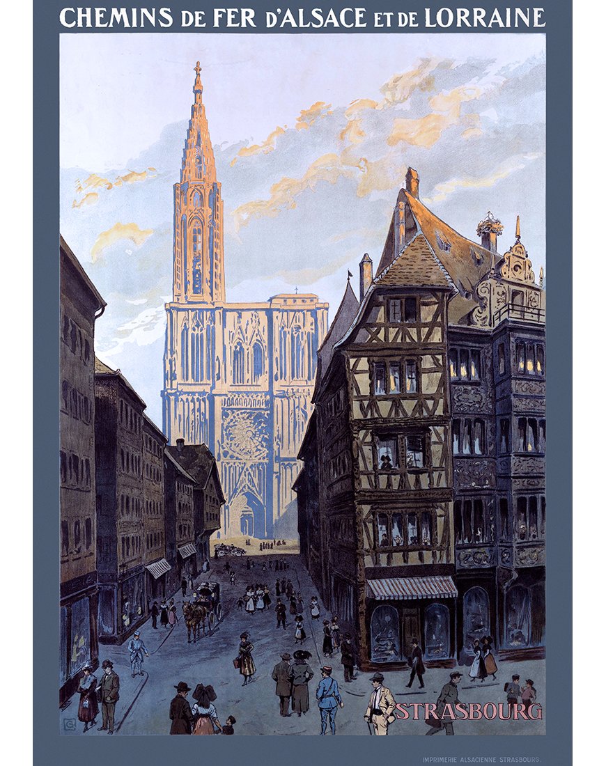 Affiche vintage Chemins de fer d’Alsace et de Lorraine Strasbourg rue animée avec cathédrale