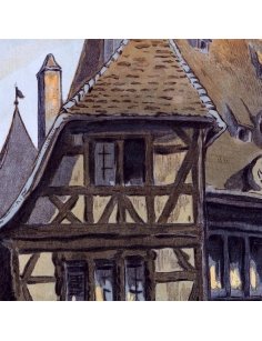 Détail maisons à colombages de l’affiche Chemins de fer d’Alsace Strasbourg rue animée