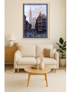 Affiche vintage Chemins de fer d’Alsace Strasbourg rue animée en situation décorative