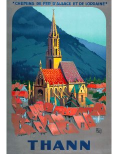 Affiche vintage Chemins de fer d’Alsace et de Lorraine Thann église et toits vernissés