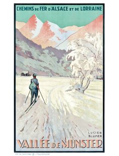 Affiche vintage Chemins de fer d’Alsace et de Lorraine vallée de Munster skieur et montagne
