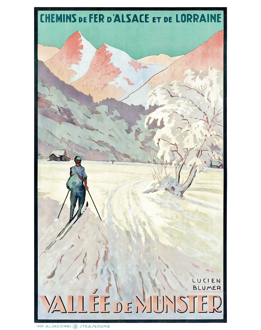 Affiche vintage Chemins de fer d’Alsace et de Lorraine vallée de Munster skieur et montagne